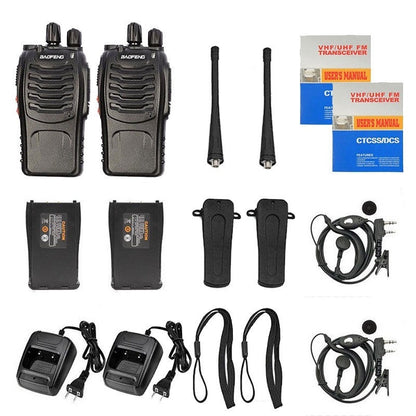 Baofeng BF-888S with earpiece.

Frequency Range: 400-470MHz; Low battery alar