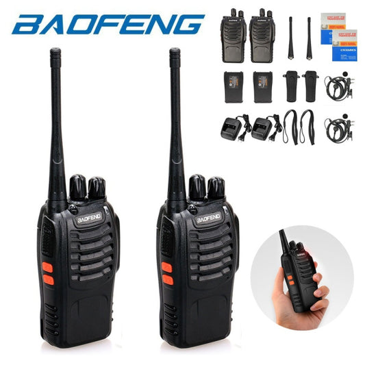 Baofeng BF-888S with earpiece.

Frequency Range: 400-470MHz; Low battery alar